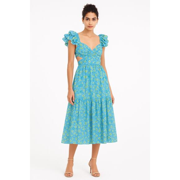 MAC DUGGAL Blue Floral Ruffle Tiered Lace Up Back Cutout Hemmed Gown Size 8 - Picture 1 of 11